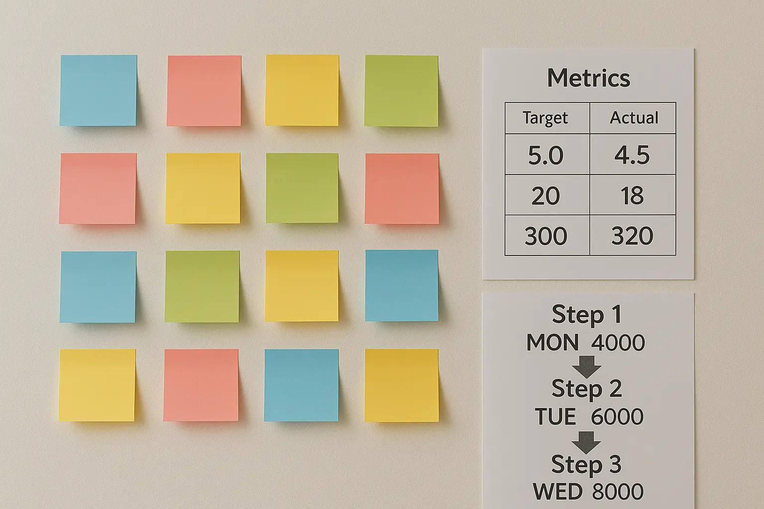 לוח קיר עם פתקים צבעוניים שמייצגים משימות יום־יומיות, טבלת מדדי התקדמות ושטר שלם של צעדים מוגדרים.