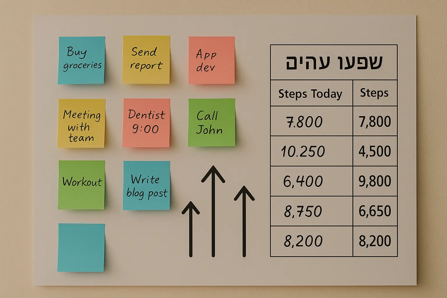 מחשב נייד עם גרף התקדמות פתוח, אפליקציית טרקר על המסך, פנקס פתוח ליד כוס קפה.