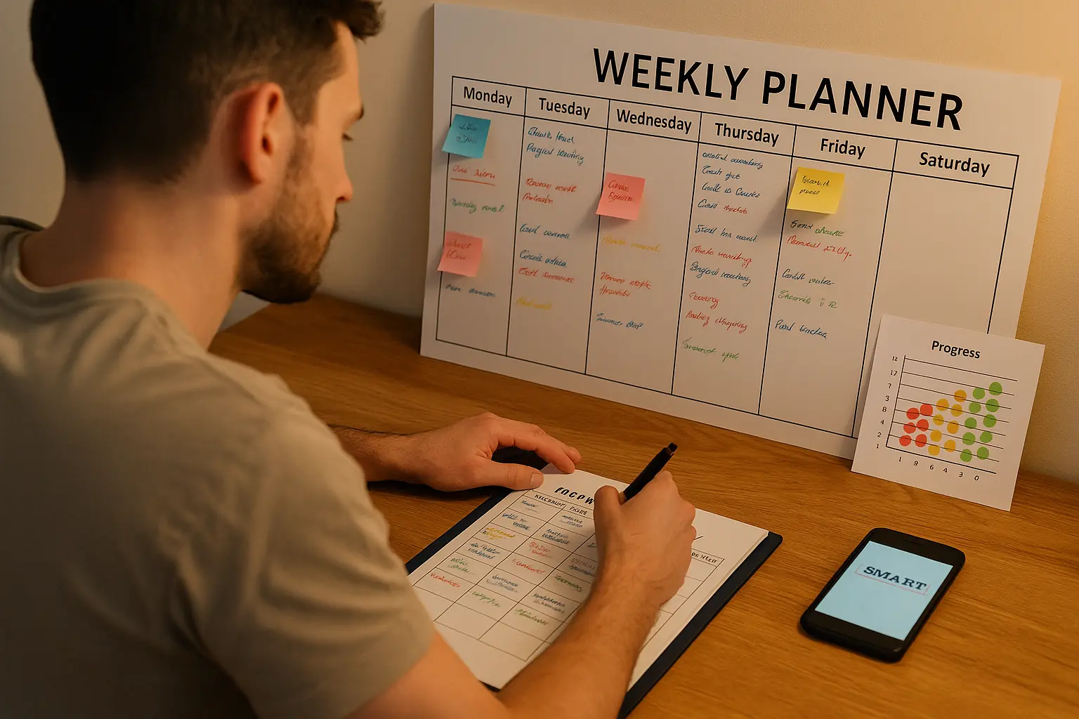 אדם יושב ליד שולחן, כותב בלוח תכנון שבועי; עט ביד, סימונים צבעוניים ומדד התקדמות לידו. אוירה רגועה, תאורה חמה.
