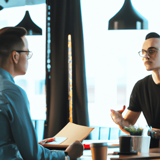 תמונה של מאמן עסקי מדבר עם בעל עסק במשרד
